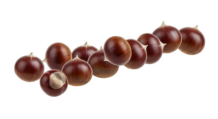 A diagonal line of glossy brown chestnuts, with one showing its exposed kernel, is arranged on a clean white background.