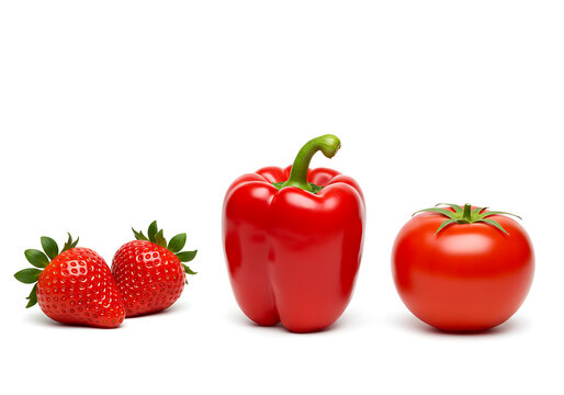A bright red bell pepper, a ripe red tomato with a green stem, and two fresh red strawberries are arranged side-by-side on a clean white background, showcasing vibrant produce. - Powered by Adobe