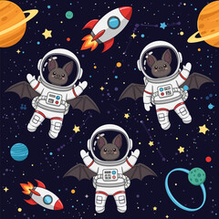 Adorable bat astronauts in space: perfect for kids' apparel, textiles, or space-themed projects.