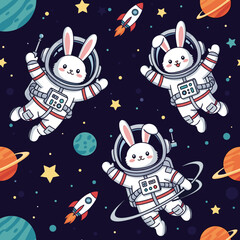 Cute bunnies in astronaut suits floating in space, perfect for children's books or space-themed designs.