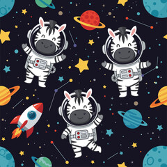 Cute zebras in astronaut suits floating in space, perfect for children's books, textile prints, and space-themed designs.