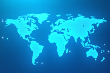 Fototapeta premium Glowing blue world map illustration with continents and oceans on a gradient blue background with light effects