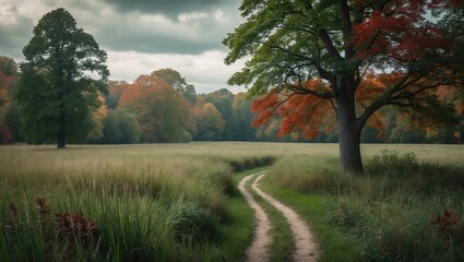 Obraz premium A peaceful countryside scene with a dirt path winding through lush grass and colorful trees, showcasing autumn foliage and a cloudy sky.
