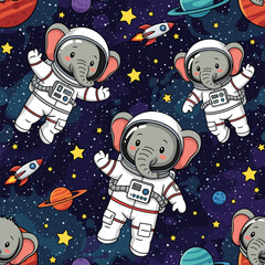 Adorable elephants in spacesuits floating in space, perfect for children's books, textiles, or websites.