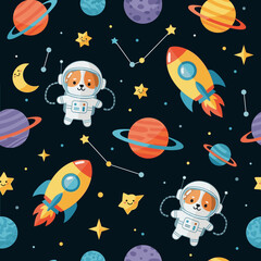Cute astronaut dogs and planets seamless pattern. Perfect for kids' apparel, fabrics, or space-themed projects.