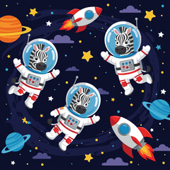 Cute zebras in spacesuits floating in space, perfect for children's books, websites, or educational materials.