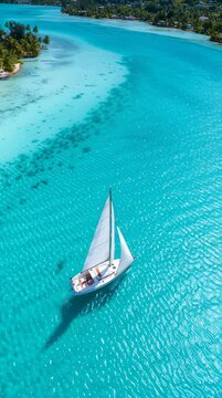 Sailboat gliding on turquoise water near tropical island with palm trees under bright sunlight peaceful travel on sunny day
