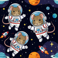 Adorable mice astronauts floating in space, perfect for children's books, textiles, or websites.