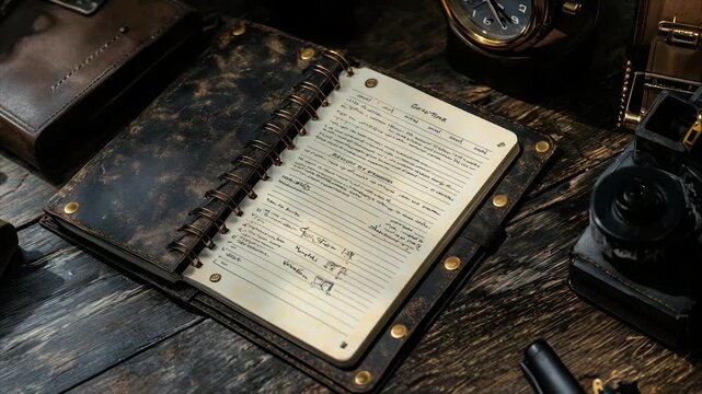 Distressed leather journal with spiral binding, open to a vintage-style page on a dark wood surface
