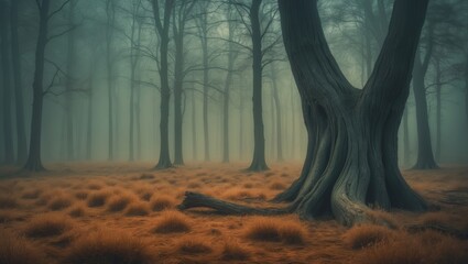 Obraz premium A mysterious forest scene with a large, twisted tree and orange mossy ground. Foggy atmosphere, tall trees, and an eerie ambiance.