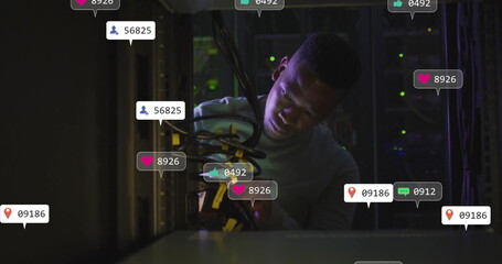 In school, image technician working on server cables with notifications overlay