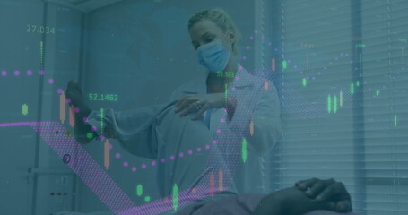 Female doctor examining patient leg in clinic, displaying health data candlestick chart overlay