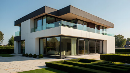 Modern white house with geometric design, glass balcony, and manicured garden