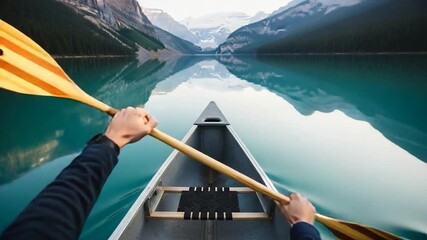 Person paddling a canoe on a serene mountain lake, reflecting the surrounding peaks.