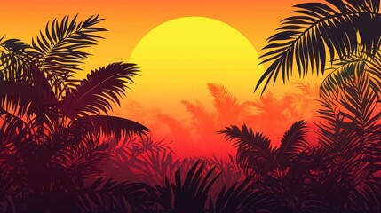 Naklejka premium A vibrant vector illustration of tropical plants with a sunset background, featuring bright colors and bold shapes.