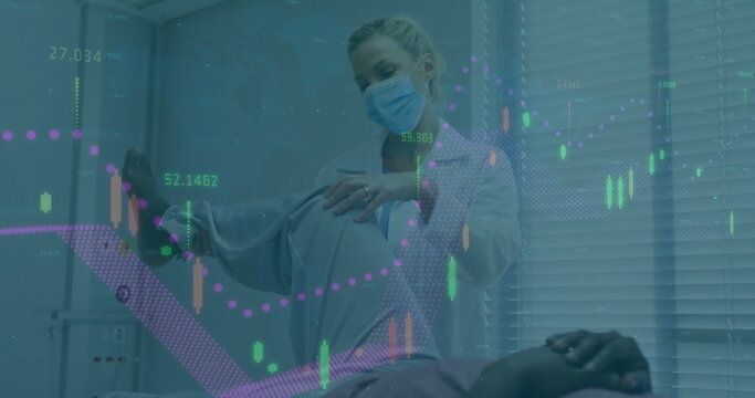 Female doctor examining patient leg in clinic, displaying health data candlestick chart overlay - Powered by Adobe