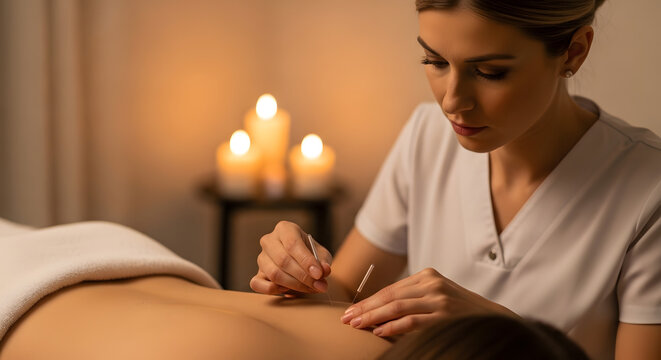 Professional practitioner performing traditional acupuncture treatment on a woman's back in a serene wellness center, promoting holistic health and well-being.