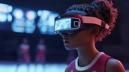 Young girl immersed in virtual reality, experiencing a futuristic sports game - Powered by Adobe