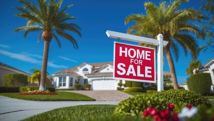 Home for sale sign in front of a house with palm trees and a clear blue sky.