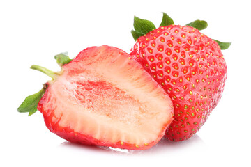 Whole and half of fresh strawberries isolated on white