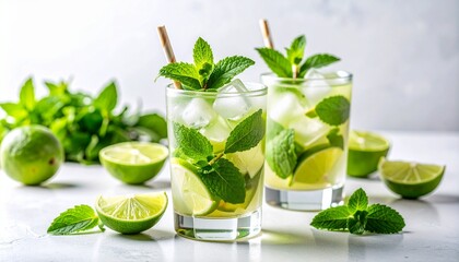 Fototapeta premium Refrescantes cócteles de mojito con lima y hojas de menta fresca en vasos transparentes sobre fondo blanco.