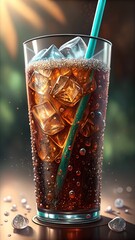 Refreshing glass of cola with ice and bubbles