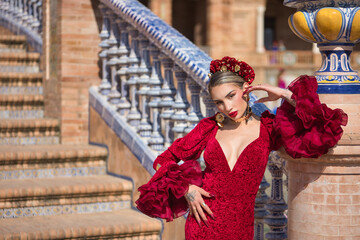 Young, beautiful, blonde woman in red flamenco dress, flowers in her hair and gold jewelry,...