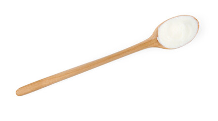 Tasty yoghurt in spoon isolated on white, top view