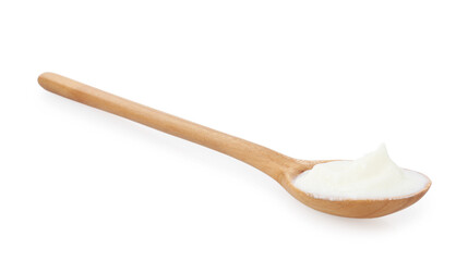 Tasty yoghurt in spoon isolated on white