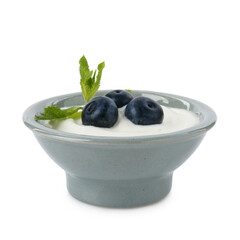Tasty yoghurt with blueberries and mint in bowl isolated on white