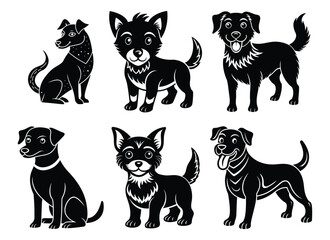 Vector collection of diverse animal silhouettes, including running dogs, cats, and farm animals like horses, cows, and goats.