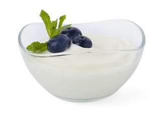 Tasty yoghurt with blueberries and mint in bowl isolated on white