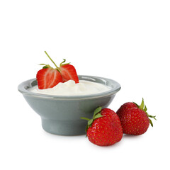Tasty yoghurt with strawberries in bowl isolated on white
