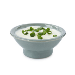 Tasty yoghurt with green onions in bowl isolated on white