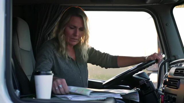 Determined truck driver navigating route with map inside cabin at sunset