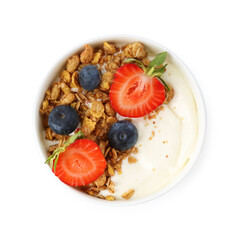 Tasty yogurt with granola and berries isolated on white, top view