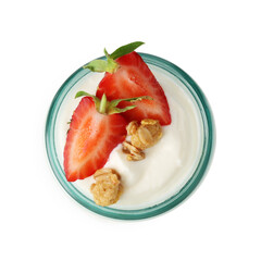 Tasty yogurt with granola and strawberry in glass jar isolated on white, top view
