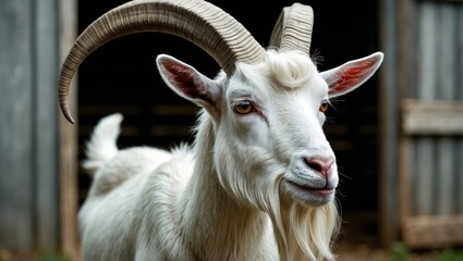 Fototapeta premium A goat with large curling horns standing outdoors near wooden fencing.