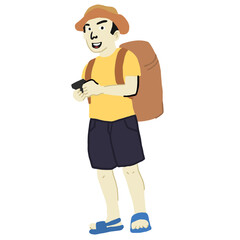 Backpacker carries backpack and holding phone

