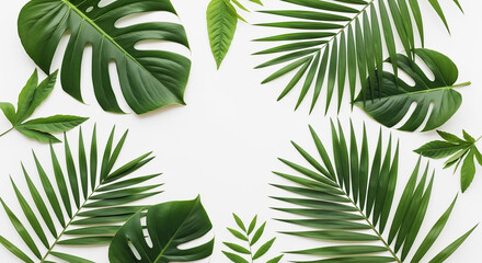 Creative layout of tropical green leaves forming a frame on a white background
