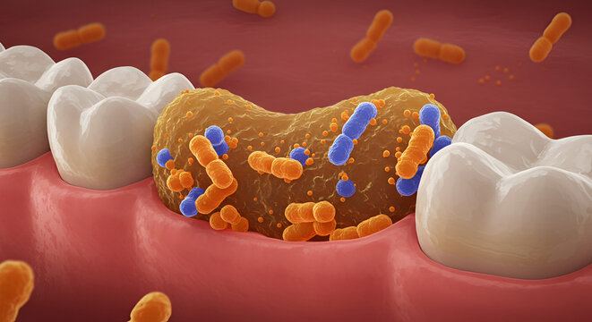 Dental plaque showing bacterial colonies of Streptococcus mutans
