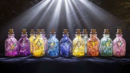 Colorful Glass Bottles with Glittering Crystals Under Bright Light