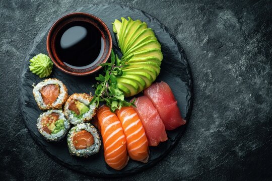 Sushi rolls. Composition of different kinds of sushi on black slate board. Fresh Set of delicious Japanese Shushi. Close up, food takeout. Variety of types sushi with salmon, cheese, caviar. Top view