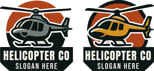 Naklejka premium Two Helicopter Company Logos with Retro Style Featuring Different Color Schemes and Bold Typography.