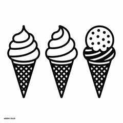 Three swirled ice cream cones in a row black and white outline