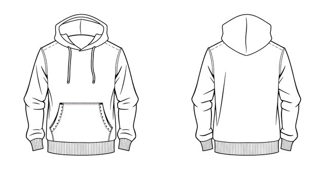 Hoodie technical sketch front and back views vector illustration for fashion design