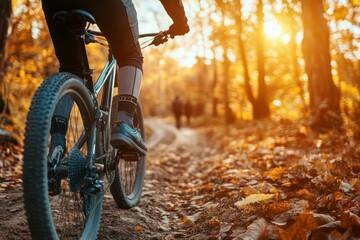 Autumn Forest Mountain Biking Adventure at Sunset