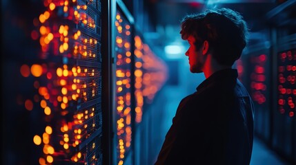IT Specialist in Dark Attire Analyzing Data Center Server Systems
