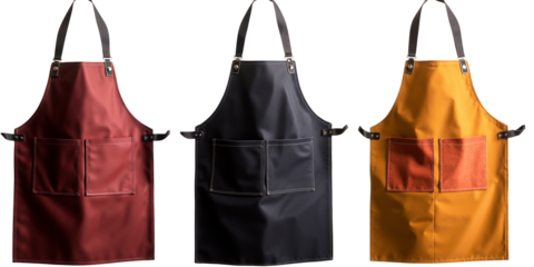 Three stylish aprons in red, black, and yellow colors   