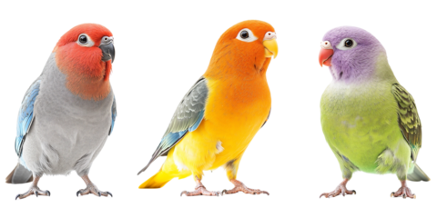 Three colorful parrots standing in a row against white background  